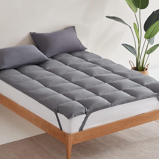 SLEEP ZONE Cooling Mattress Topper Twin XL College Dorm Bedding Quilted Fitted Mattress Pad Cover, Soft Fluffy Down Alternative Pillow Top Bed Topper Deep Pocket 8-21 Inch (Grey, Twin XL)