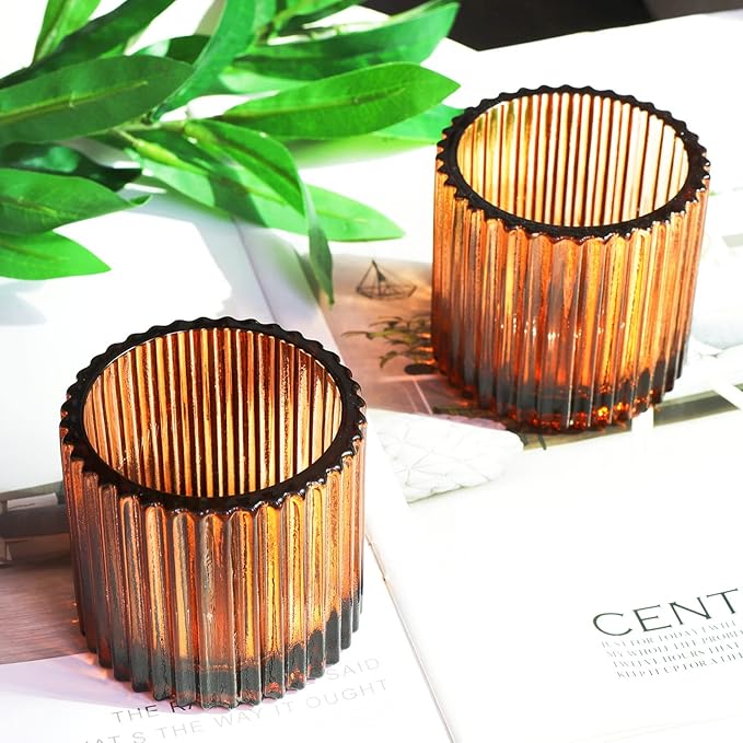 VOHO Amber Candle Holder Set of 12, Glass Votive Candle Holders Centerpiece Table Decorations, Large Candle Holders Bulk for Holiday/Party(2.75in x 2.56in, Amber)