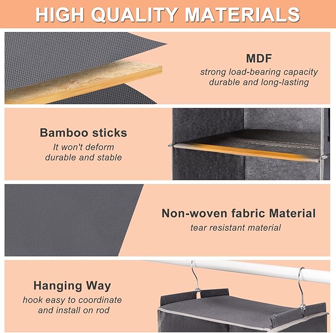 BOOMIBOO Hanging Closet Organize and Shelves，5-Hanging Shelf with 2 Side Pockets，Storage Foldable （Light Grey）