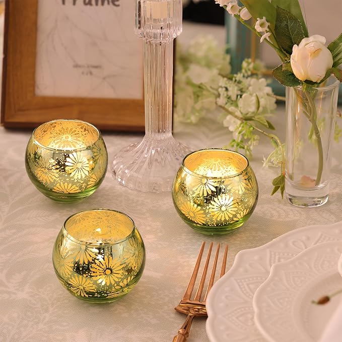 Green Mercury Glass Votive Candle Holders Set of 12, Round Tealight Candle Holders Bulk for Table Centerpieces, Weddings, Shower Gifts, Christmas, Halloween Party Decorations