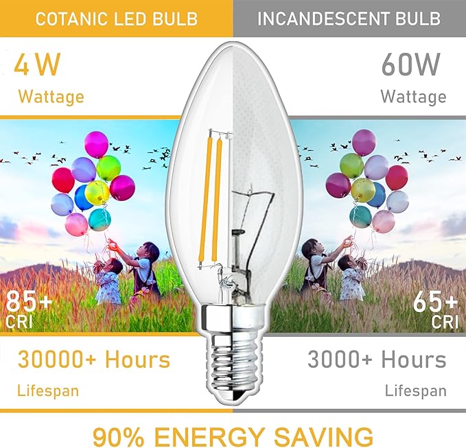 Cotanic Dimmable Candelabra LED Bulb 2700K Warm White,E12 Base Ceiling Fan Light Bulb 60W Equivalent, Type B Light Bulb with Candle Shape,C35 Filament Chandelier Light Bulb Clear Glass,600LM,6 Pack