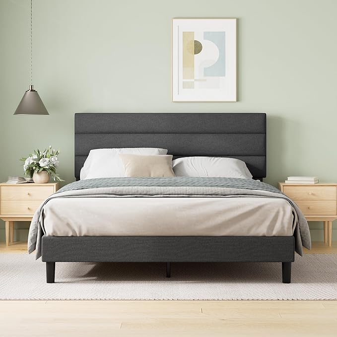 ZINUS Queen Piper Upholstered Platform Bed with Horizontal Paneled Headboard, Wooden Slat Support, No Box Spring Needed, Easy Assembly, Eco Friendly Packaging, Dark Grey