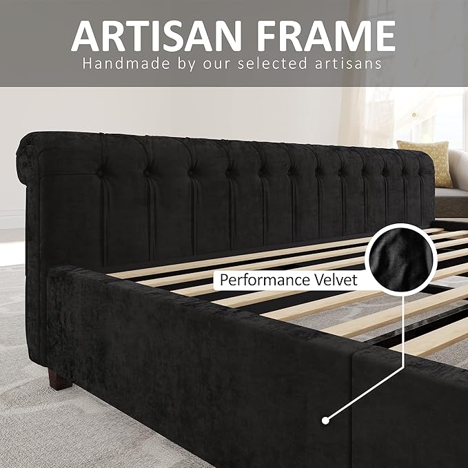 AMERLIFE King Size Platform Bed Frame, Velvet Upholstered Sleigh Bed with Scroll Wingback Headboard & Footboard/Button Tufted/No Box Spring Required/Easy Assembly/Black