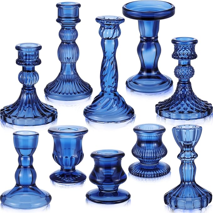 Mumufy 10 Pcs Glass Crystal Taper Candle Holders Clear Glass Candlestick Holder Fit 0.8 Inch Candles Crystal Decorative Candle Stand Centerpiece Table Wedding Dining Party (Classic,Blue)