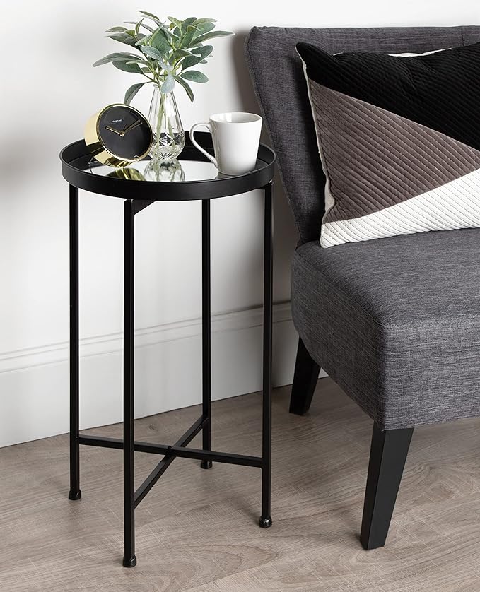 Kate and Laurel Celia Round Metal Foldable Accent Table with Mirror Tray Top, Black
