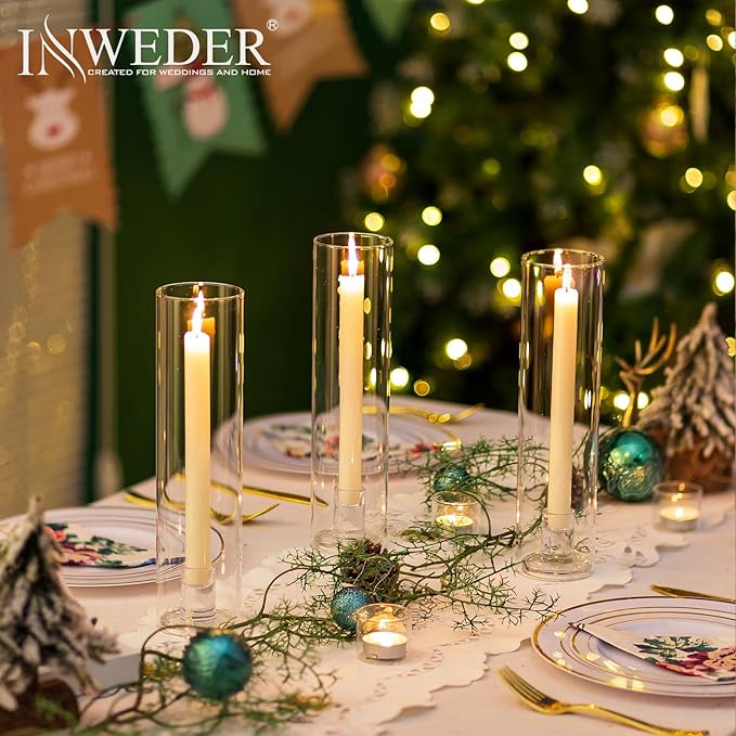 Glass Hurricane Candle Holder: 11.8" Tall Candlestick Holder Bulk with Cylinder Windproof Cover Set of 6 Clear Taper Candle Holders for Wedding Party Birthday Christmas Decor