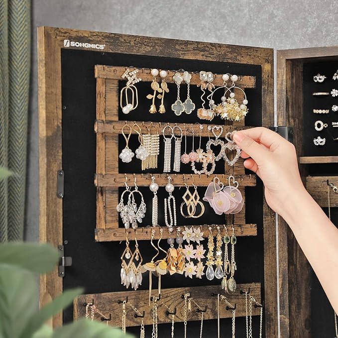SONGMICS Lockable Jewelry Cabinet Armoire with Mirror, Wall-Mounted Space Saving Jewelry Storage Organizer, Christmas Gift, Rustic Brown UJJC051K01