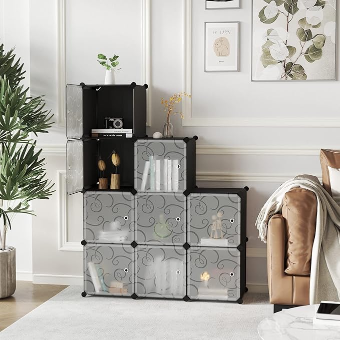 C&AHOME Cube Storage Organizer with Doors, 9-Cube Shelves, Closet Cabinet, DIY Plastic Modular Bookshelf, Storage Shelving Ideal for Bedroom, Living Room, 36.6”L x 12.4”W x 36.6”H Black USHS3009B-DOOR