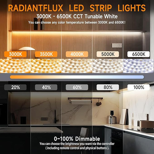 16.4ft Dimmable White LED Strip Light Kit, Dimmable 3000K-6500K, 24V Strip Lights with Remote Control, Flexible LED Strip Light, Eye Protection for Bedroom, Home Lighting, Mirror, Kitchen, Bar Cabinet