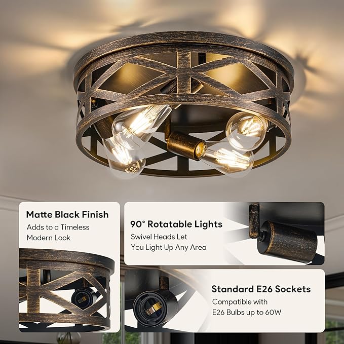 VONLUCE Flush Mount Ceiling Lights, 4-Light Hallway Ceiling Lighting Fixtures, 15 inch Farmhouse Metal Cage Ceiling Lights for Entryway Kitchen, Adjustable Lamp Holders, 2 pcs, Oil-Rubbed Bronze