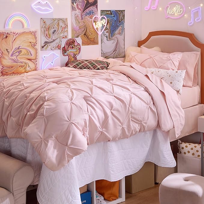 Bedsure Twin XL Comforter Set - Extra Long 5 Pieces Dorm Bedding Sets, Pinch Pleat Pink Bed in a Bag with Comforter, Sheets, Pillowcase & Sham