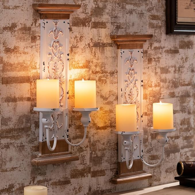 AIM & GGKK Large Wall Candle Sconce Holder,Set of 2 Wall Mounted Candle Holder for Home,Living Room, Dining Room,Rustic Farmhouse Boho Decorations