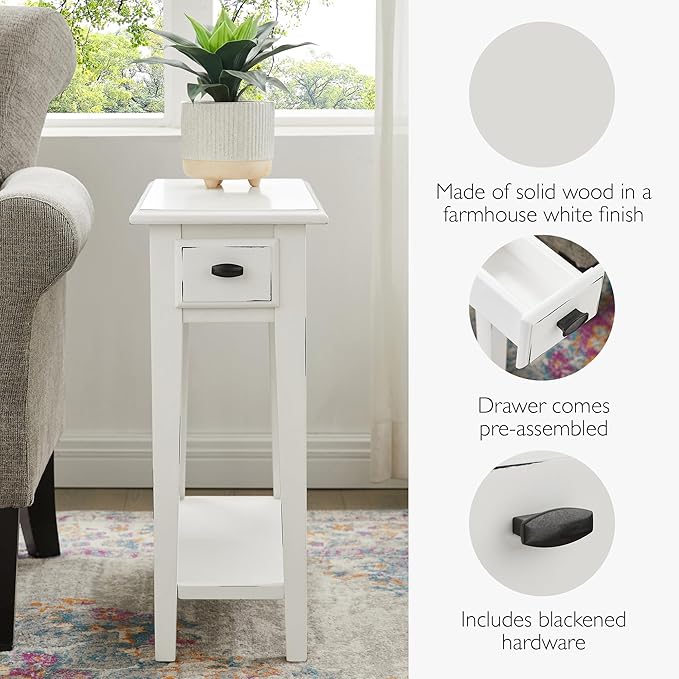 Haven Ridge Narrow End Table, Solid Wood Side Table with Drawer and Shelf, Farmhouse White, Perfect for Living Rooms, Bedrooms, and Small Spaces – Leick Home, 214361