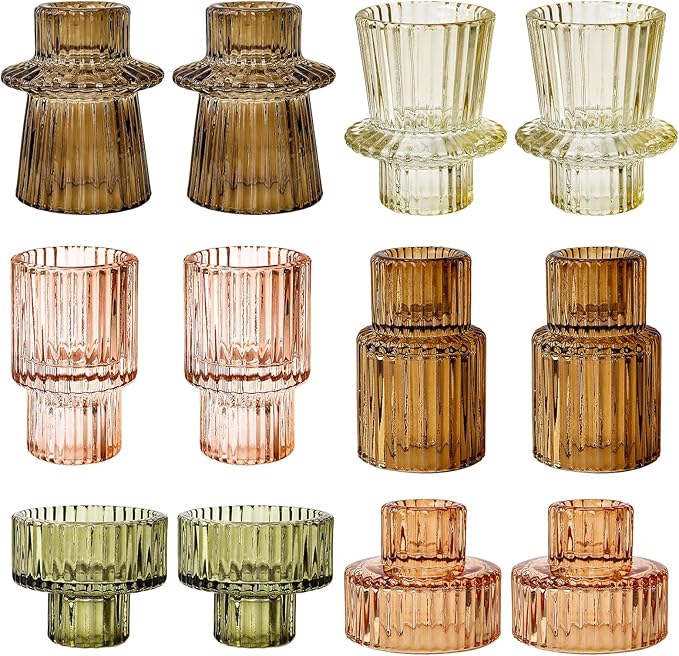 Brown Candlestick Holders 12PCS Ribbed Glass Taper Candle Holders Set for Tealight Candlestick Candles, Table Centerpieces for Thanksgiving Christmas Farmhouse Decor Indoor and Outdoor
