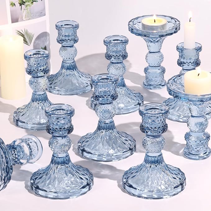 Glass Candle Holder Set of 12, Blue Taper Candle Holders Bulk, Vintage Candlestick Holders, Candle Stick Holder for Table Centerpieces, Wedding, Festival & Home Decor