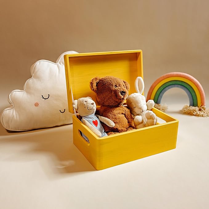 Large Yellow Wooden Box Storage with Hinged Lid | 11.8 x 7.87 x 5.51 inches (+-0.5) | with Handles | Gift Box for Tool Dog Toy Shoes Clothes Kitchen Storage | Wood Keepsake Chest