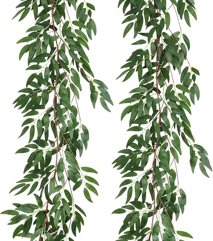 RECUTMS Artificial Willow Leaves Vine Twigs 2Pcs 5.7Ft Fake Hanging Ivy Plants Silk Green Leaf Rattan Garland Greenery Decor for Indoor Outdoor Home Wedding Arch Jungle Beach Birthday Party Garden