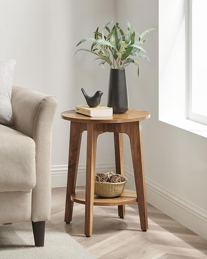 VASAGLE MAEZO Collection - Set of 2 Side Tables, 2-Tier Small Round End Tables, Nightstands with Tapered Legs, Curved Transitions, for Small Spaces, Living Room, Bedroom, Rustic Walnut ULET289K01