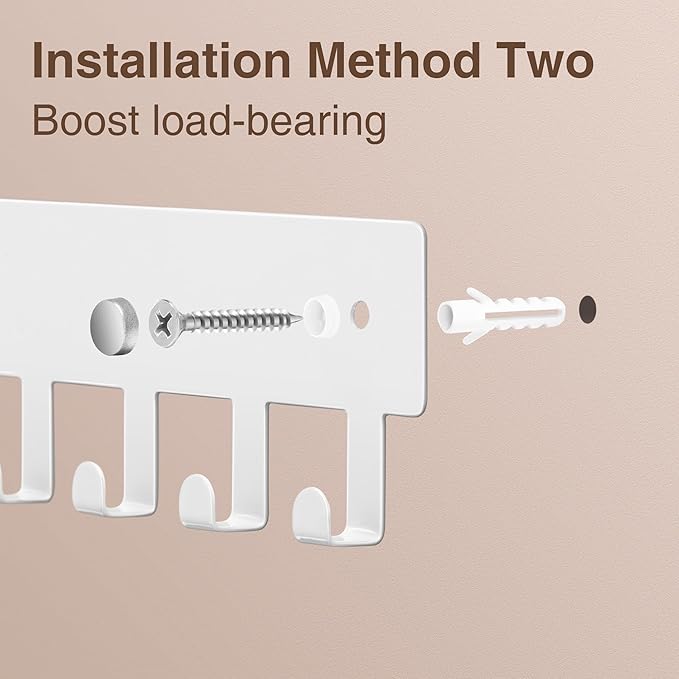 pickpiff 1 Pack Key Holder for Wall Adhesive, Key Hooks with 8 Hooks Wall Mounted, Key Hangers for Decor No Drill for Living Room, Kitchen, Office, White