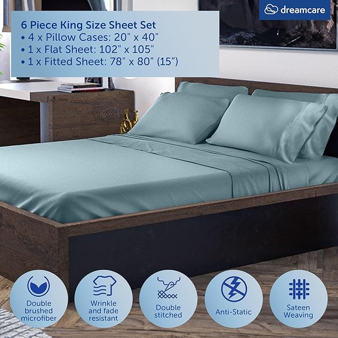 DREAMCARE King Size Sheets Set – 6 pcs Cooling Bed Sheets – up to 15” Deep Pocket King Sheet Set – 2500 Supreme Collection – Extra Soft 100% Brushed Microfiber Hotel Luxury with Side Pocket – M Blue