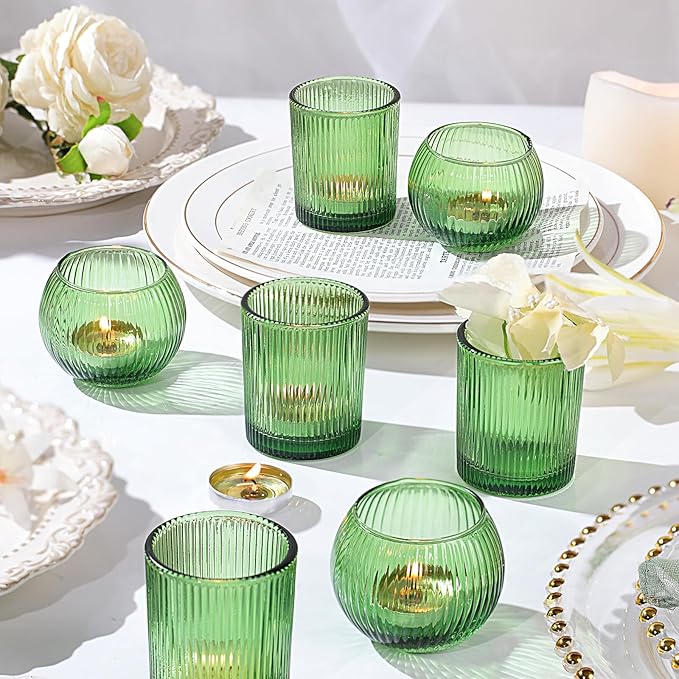 Green Votive Candle Holders Set of 10- Round Green Candle Holders Bulk, Glass Candle Holder for Wedding Home Decoration, Tea Lights Candle Holder for Bridal Shower, Party & Gift