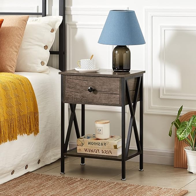 VECELO Nightstands Set of 2, Modern Bedside End Tables, Night Stands with Drawer and Storage Shelf for Living Room Bedroom, Industrial Metal Frame