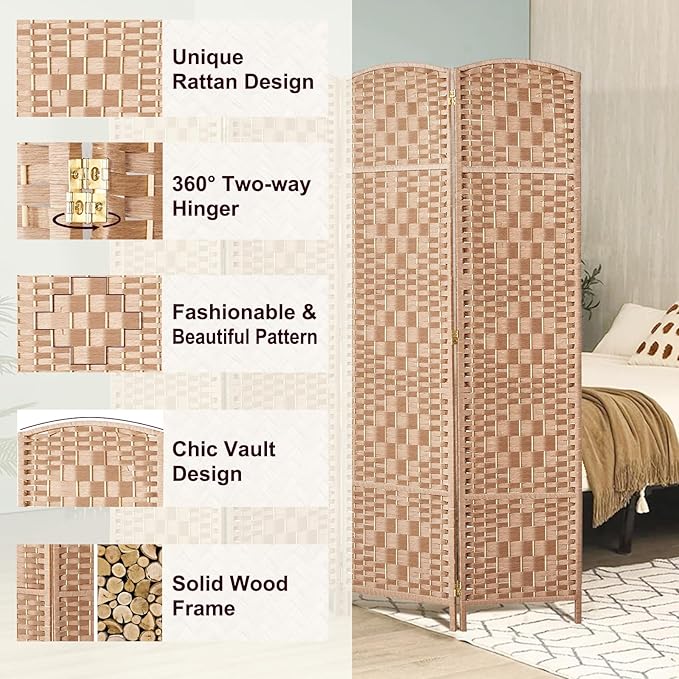 Rose Home Fashion 6 ft Tall Room Divider, Room Dividers and Folding Privacy Screens, 15.7in Privacy Screen 8 Panel Partition Temporary Wall Separation for Private, Natural
