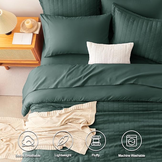 CozyLux Full Size Comforter Sets with Sheets Seersucker 7 Pieces Forest Green Bed in a Bag Textured Luxury Soft Bedding Set with Down Alternative Comforter, Sheets, Pillowcases & Shams for All Seasons