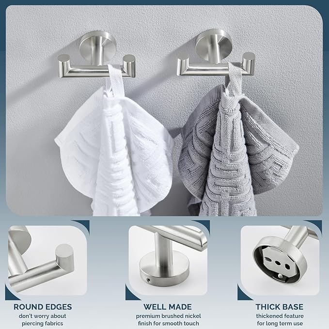 Angle Simple Towel Hook Brushed Nickel 2 PCS, SUS304 Stainless Steel Double Robe Hook, Bathroom Towel Holder, Wall Mount