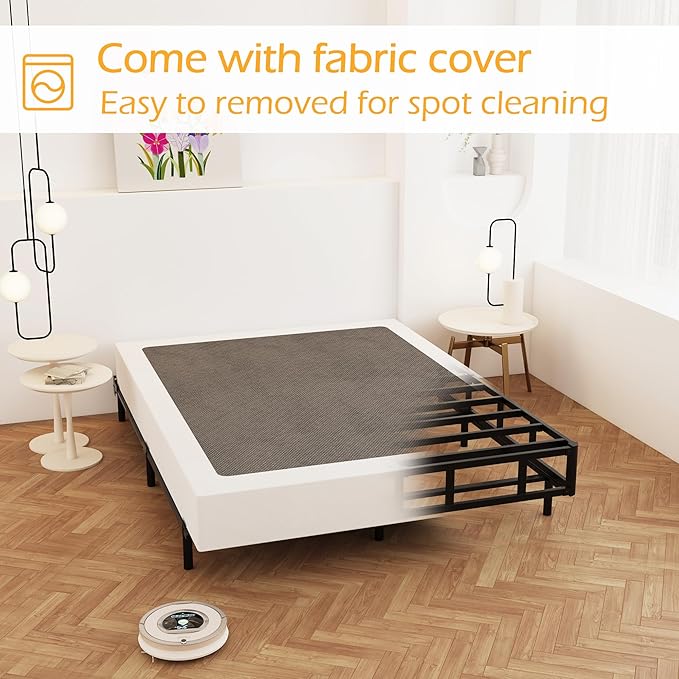 9 Inch Full XL Box Spring, Heavy Duty Metal Box Spring Bed Base with Fabric Cover, Mattress Foundation, Easy Assembly, Noise Free, Black