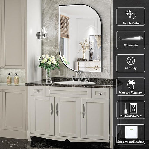 24X36 Inch LED Bathroom Mirror with Lights,Black Frame Lighted Irregular Wall Mirror,Asymmetrical Vanity Mirror,Anti-Fog,Dimmable