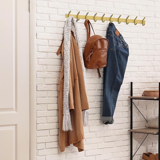 Brushed Gold Wall Mounted Coat Rack – 30 Inch Stainless Steel Rail with 10 Double Coat Hooks for Entryway, Bathroom, Bedroom, Kitchen – Modern Gold Hook Rack for Coats, Hats, Towels