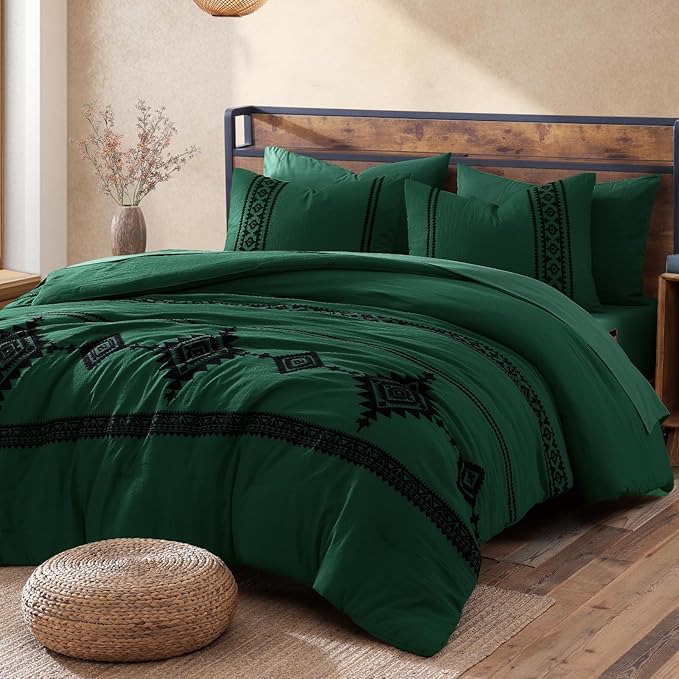 MaiRêve Embroidery Full Size Comforter Set Emerald Green, Farmhouse Western Boho Bedding Set 7 Pieces, All Season Bed in A Bag Comforter Set with Sheets, Pillowcases & Shams