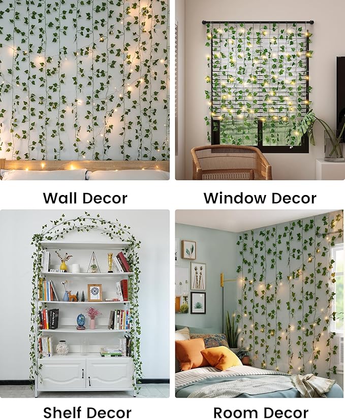 JACKYLED 84Ft 12 Pack Artificial Ivy Garland Fake Plants, Ivy Vines Leaves with CE Certified 80 LED String Lights, Hanging Ivy Lights for Bedroom Garden Party Wall Room Decor