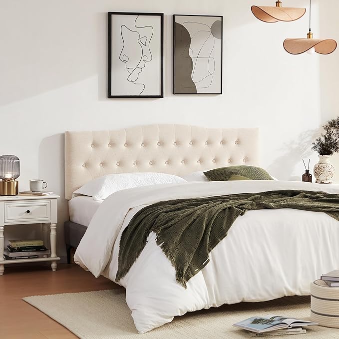 Tufted Upholstered Headboard Full Size, Sturdy and Durable Solid Wood Full XL headboard, Fabric Headboard Adjustable Height from 37” to 51”, Modern Button Diamond Design Head Board, Beige