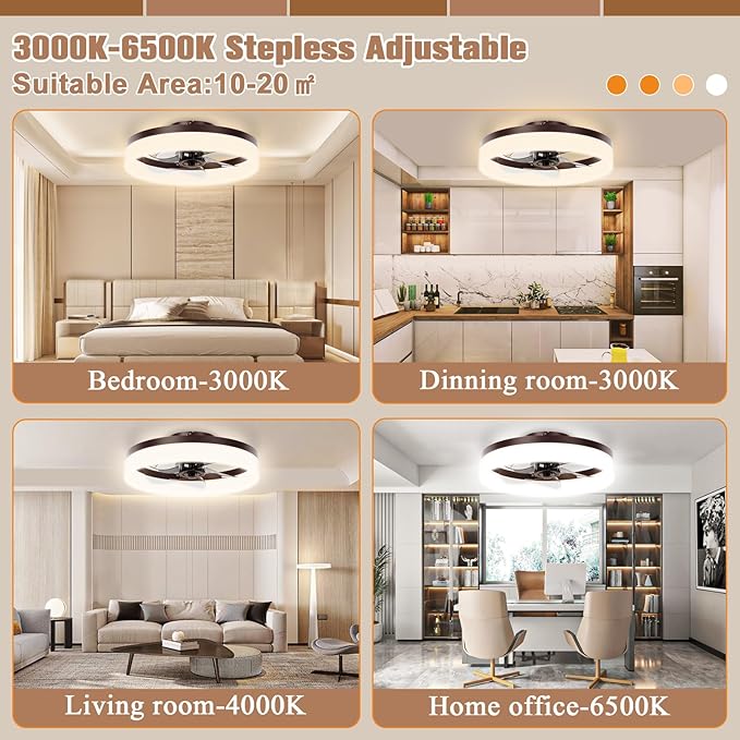 VOLISUN Low Profile Ceiling Fans with Lights and Remote,15.7in Modern Ceiling Fan Flush Mount, 3000K-6500K Dimmable Bladeless LED Fan Light,Brown Fandelier Ceiling Fans with Lights for Bedroom