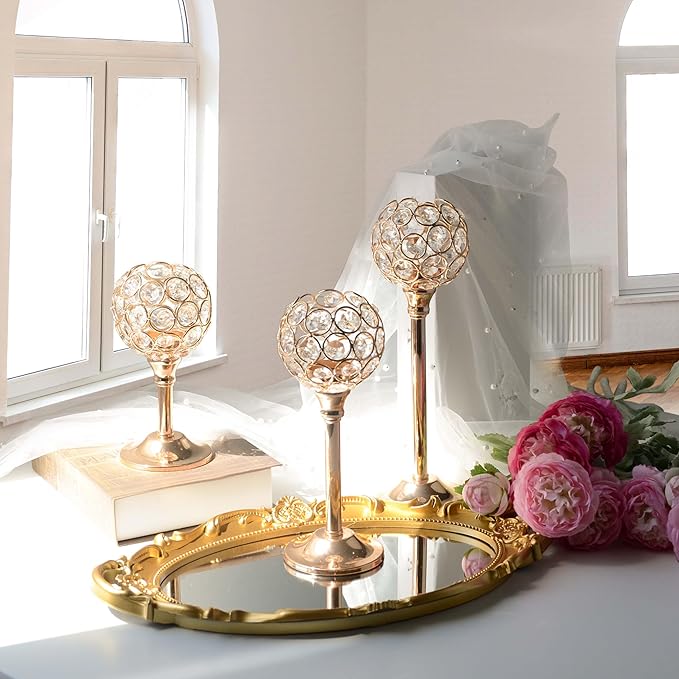 Elegant Crystal Candle Set of 6- Gold Tealight Holders, Votive Candelabras & Bowl Centerpiece Bulk for Dining Table, Wedding Decor