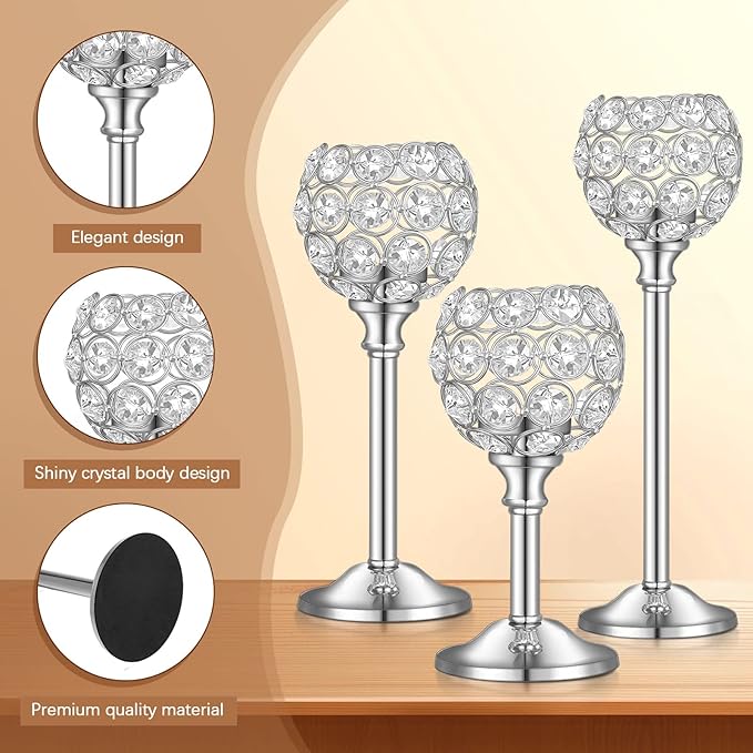 Qunclay 18 Pieces Crystal Candle Holders Bulk Candle Stick Holder Centerpieces for Table Wedding Centerpieces Crystal Decorative Tealight Dining Table Decor for Party(Silver)