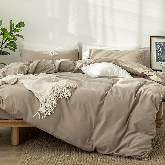 MooMee Bedding Duvet Cover Set 100% Washed Cotton Linen Like Textured Breathable Durable Soft Comfy (Solid Light Camel, Super King 108"x98")