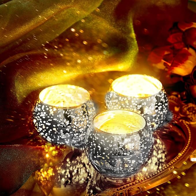 Rtteri 24 Set Votive Candle Holders Wedding Centerpiece Table Decorations Speckled Mercury Glass Votive Candle Holders with Tea Lights Birthday Party Decorations for Home (Silver)