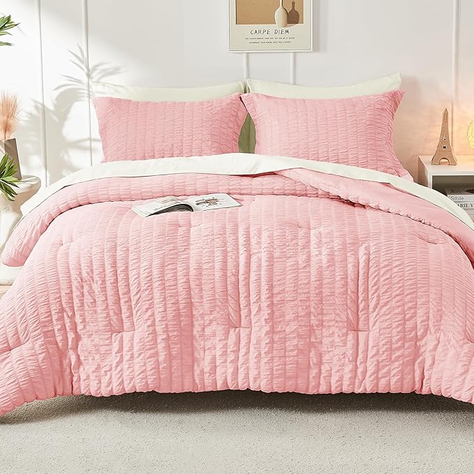 HYMOKEGE Pink/Ivory Queen Comforter Set Seersucker 7 Pieces, All Season Luxury Bed in a Bag Queen for Bedroom, Bedding Set with Comforter, Sheets, Pillowcases & Shams