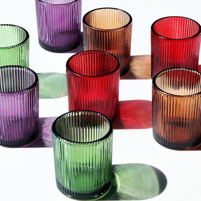VOHO 24pcs Multicolor Tealight Candle Holder, Vintage Ribbed Tea Light Candle Holder Glass for Room Decor, 4 Color Votive Candle Holders for Table Centerpiece(Green/Red/Purple/Amber)
