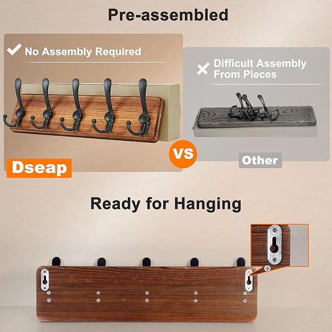 Dseap Coat Rack Wall Mount - Heavy-Duty Robust Barnwood-Style Wooden Wall Coat Hanger Hook Rail with 5 Triple Hooks for Winter Coats Hat Jacket Clothing, Weathered Blue & Black, Pack of 2