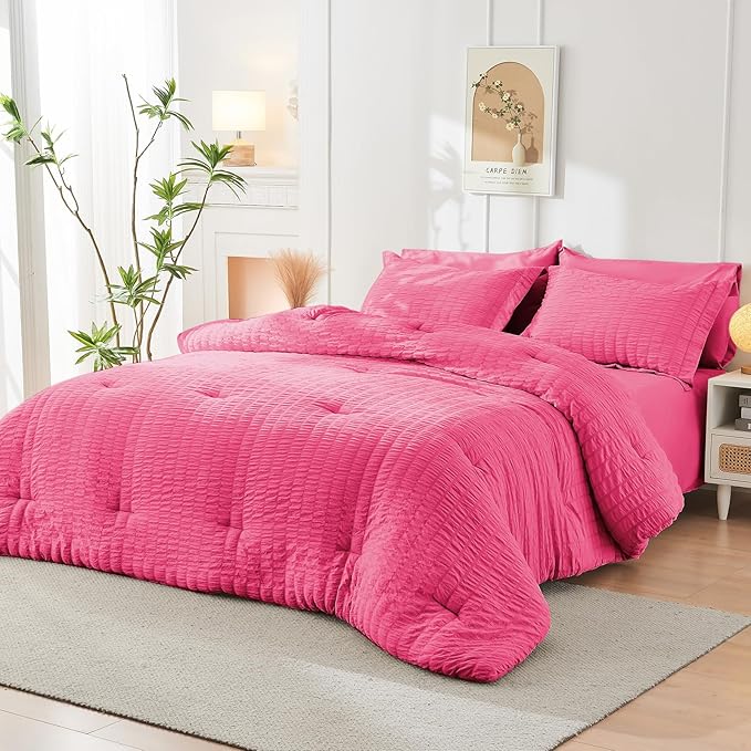 HYMOKEGE Hot Pink California King Comforter Set Seersucker 7 Pieces, All Season Luxury Bed in a Bag for Bedroom, Bedding Set with Comforter, Sheets, Pillowcases & Shams