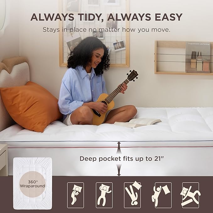 Bedsure Twin XL Mattress Topper Dorm Bedding - Extra Thick Mattress Pad Cover with Deep Pocket, Plush Soft Pillow-Top Bed Topper for Back Pain Relief, Overfilled with Down Alternative Filling, White