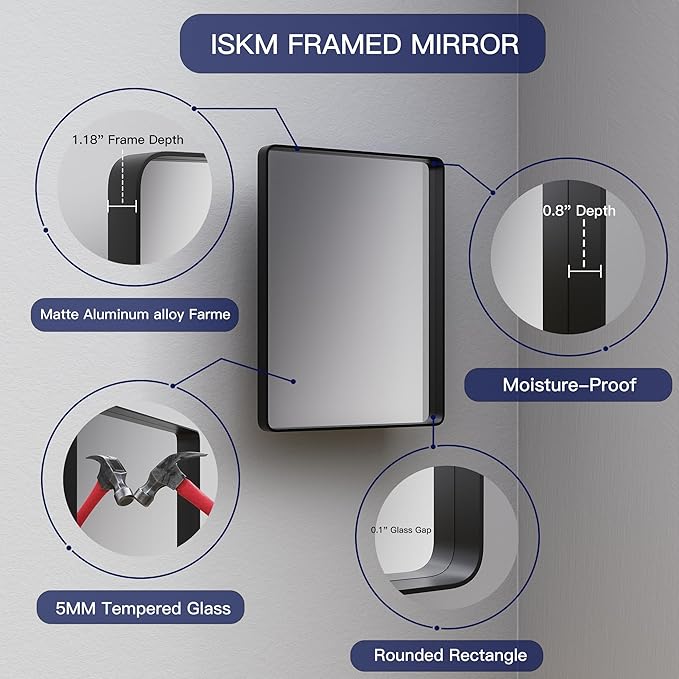 ISKM 36x30 Inch Wall Mirror for Bathroom Matte Black Metal Framed Bathroom Vanity Mirror Farmhouse Decorative Rectangular (Horizontal/Vertical)