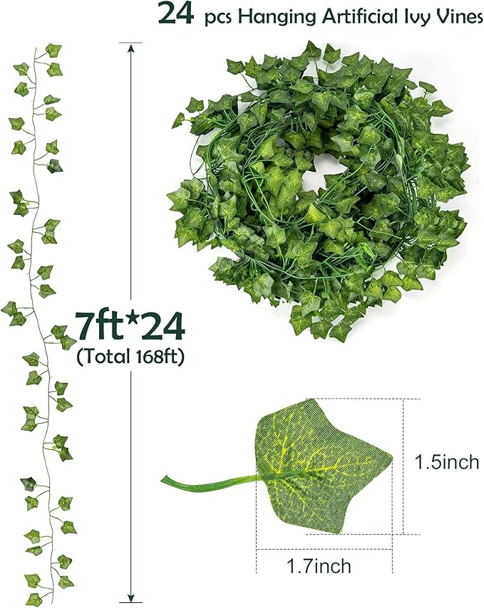 JACKYLED 24 Pack Artificial Ivy Vines with 200 LED String Light, Fake Plants Hanging Garland for Wall Room Bedroom Garden Office Wedding Party