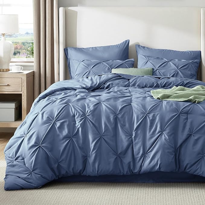Bedsure California King Comforter Set - Bed in a Bag Cal King Bedding Set 7 PCS, GentleSoft™ Pintuck Bed Set Gift for Family, Pinch Pleat Slate Blue Comforter with Sheets, Pillowcases & Shams
