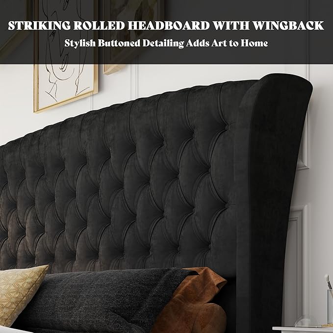 AMERLIFE California King Size Platform Bed Frame, Velvet Upholstered Sleigh Bed with Scroll Wingback Headboard & Footboard/Button Tufted/No Box Spring Required/Black