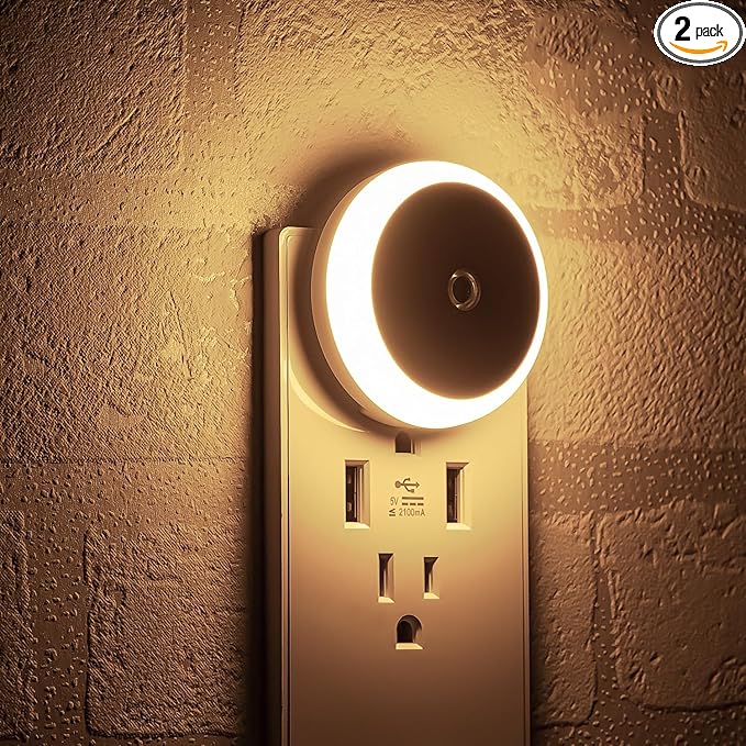 myCozyLite LED Night Lights Plug into Wall, Dusk to Dawn Sensor, Warm Hue, Plug in Night Light, Automatic Dimming, 2 Pack Night Lights for Kids, Adults, Hallways, Stairway, Kitchen, Bathroom, Bedroom
